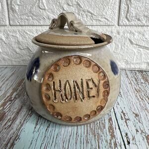 Honey Jar with Lid – Vintage Art Studio Pottery –Stone Blue Glaze –Signed Marcee